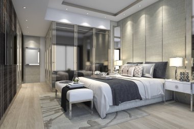 3D render lüks modern yatak odalı Süit otel ile dolap dolap yürümek