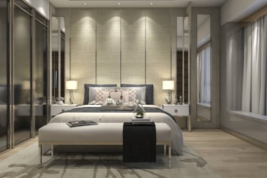 3D render lüks modern yatak odalı Süit otel ile dolap dolap yürümek