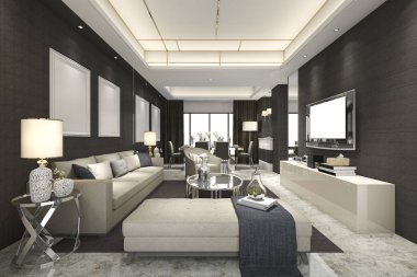 3D rendering lüks ve modern oturma odası ve yemek odası