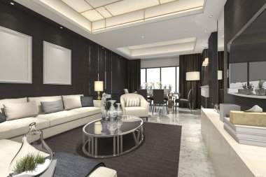 3D rendering lüks ve modern oturma odası ve yemek odası