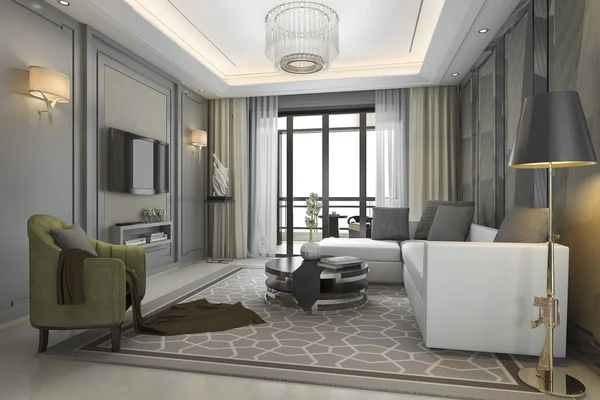 3D rendering πολυτελή και σύγχρονη καθιστικό δωμάτιο με υπέροχη θέα — Φωτογραφία Αρχείου
