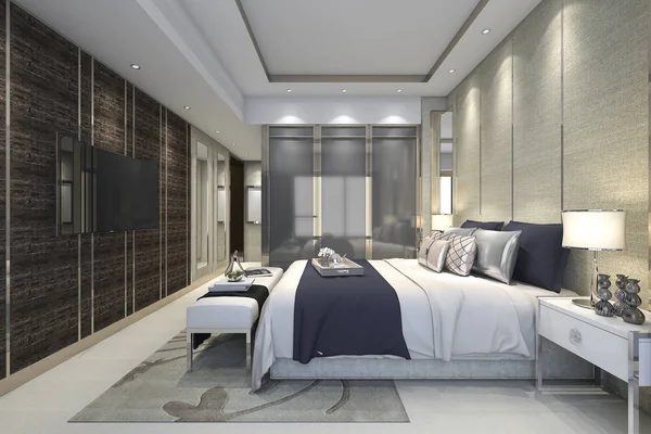3D rendering luxury σύγχρονη κρεβατοκάμαρα σουίτα σε ξενοδοχείο με ντουλάπα και βεστιάριο — Φωτογραφία Αρχείου