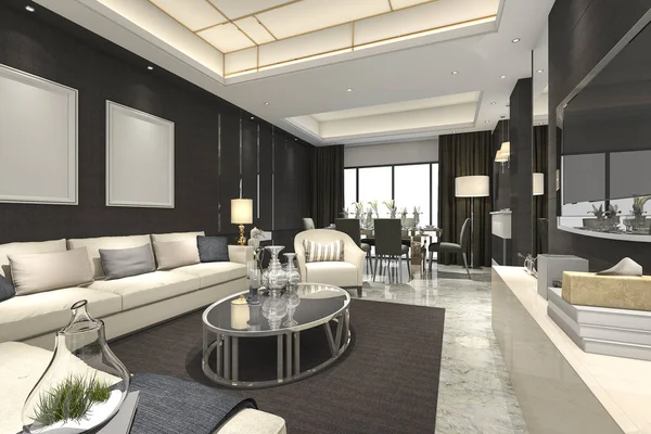 3d renderização de luxo e moderna sala de estar e sala de jantar — Fotografia de Stock