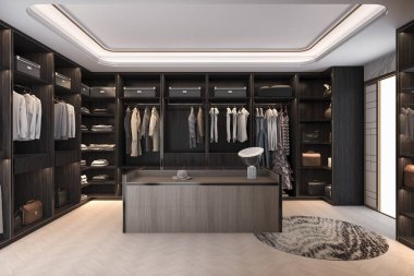 3D render en az İskandinav ahşap dolap dolap ile yürümek