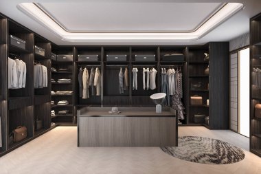 3d rendering minimal scandinavian wood walk in closet with wardrobe clipart