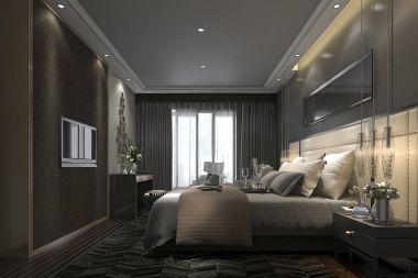 3D render siyah lüks modern yatak odalı Süit otel ve resort
