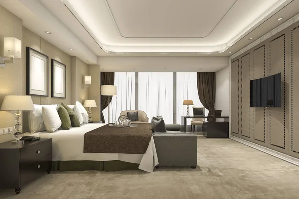 3d 렌더링 럭셔리 현대 침실 스위트 호텔 및 리조트 — 스톡 사진