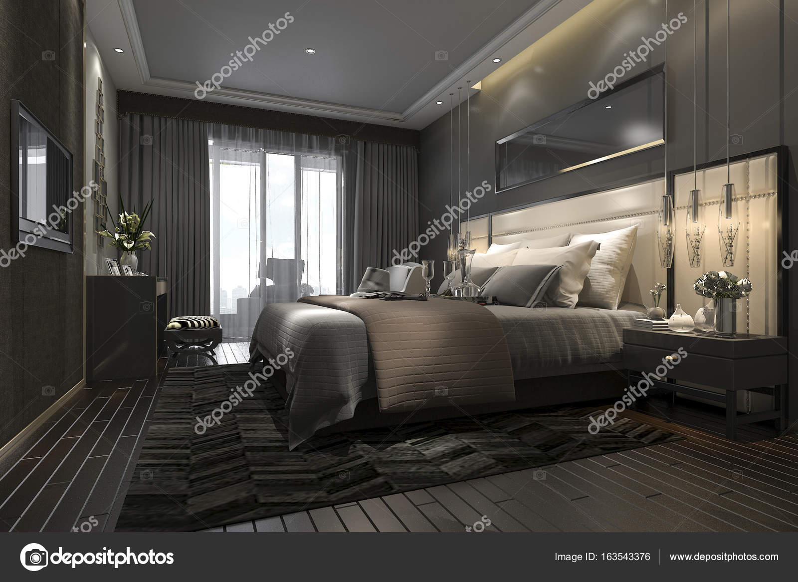 3D rendering zwart luxe moderne slaapkamer suite in hotel en resort ... 3D rendering zwart luxe moderne slaapkamer suite in hotel en resort ...