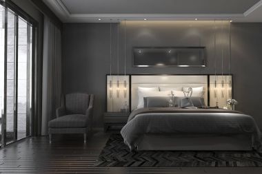 3D render siyah lüks modern yatak odalı Süit otel ve resort