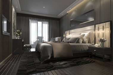 3D render siyah lüks modern yatak odalı Süit otel ve resort