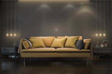 3D render retro lüks sarı yumuşak koltuk lamba ile en az siyah oturma odasında