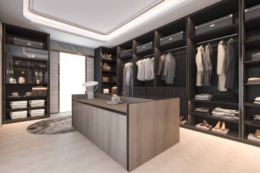 3D render en az loft koyu renkli ahşap dolap dolap ile yürümek