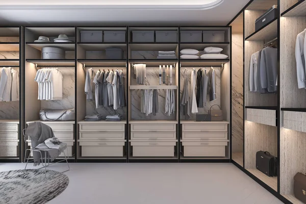 3d renderizado mínimo loft lujo madera walk in closet con armario —  Fotos de Stock