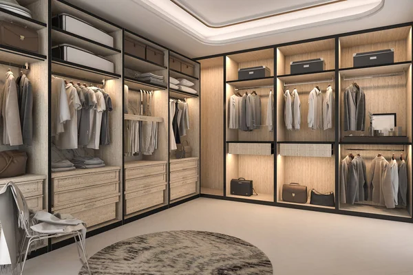 3d renderizado mínimo loft lujo madera walk in closet con armario — Foto de Stock