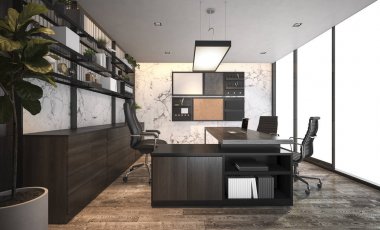 Yüksek katlı ofis binasında 3D iş görüşmesi odası