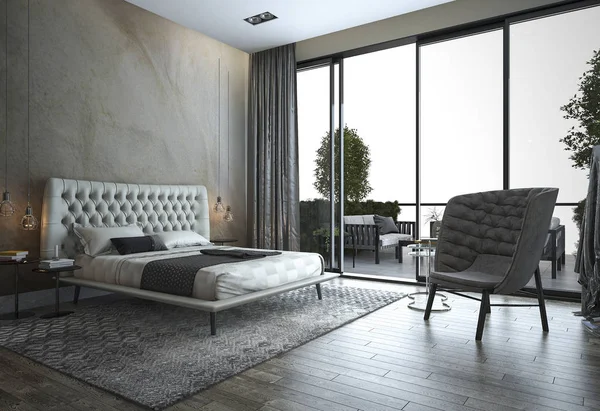 3D render loft modern yatak odası penceresi görünümü yakınındaki — Stok fotoğraf