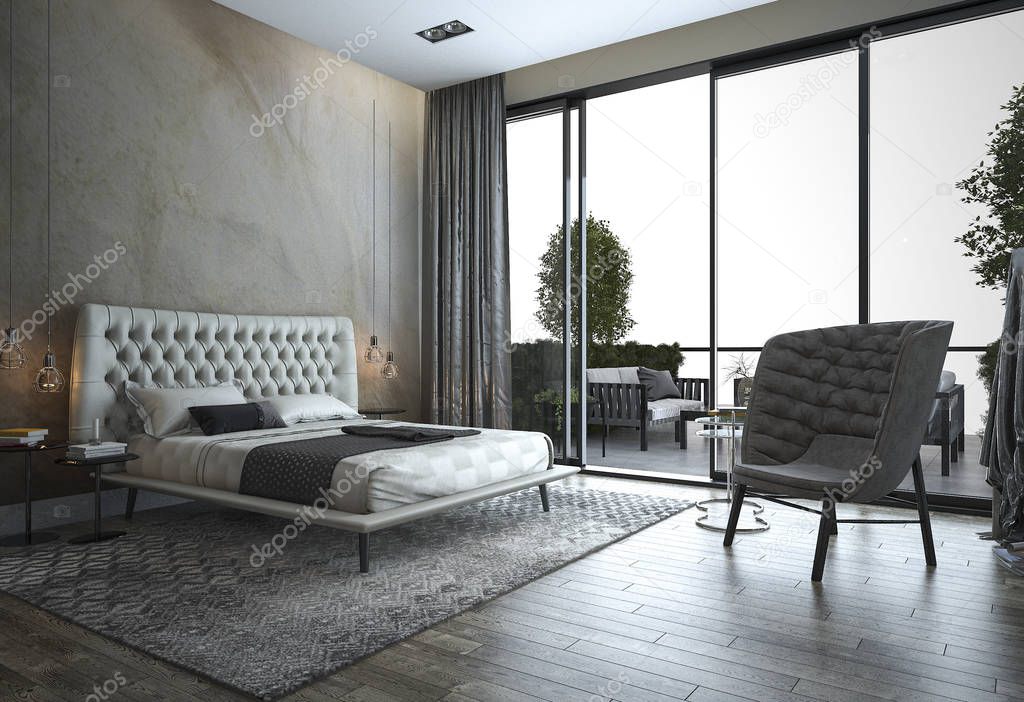3d rendering loft modern bedroom near window view