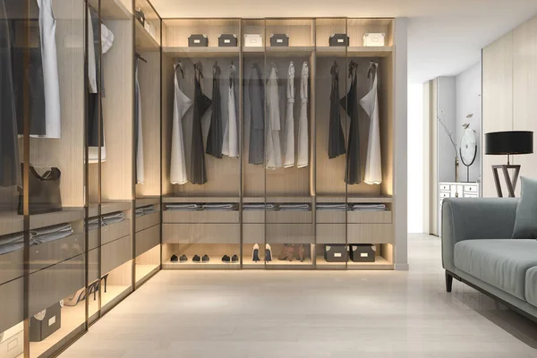 3D render en az İskandinav ahşap dolap dolap ile yürümek
