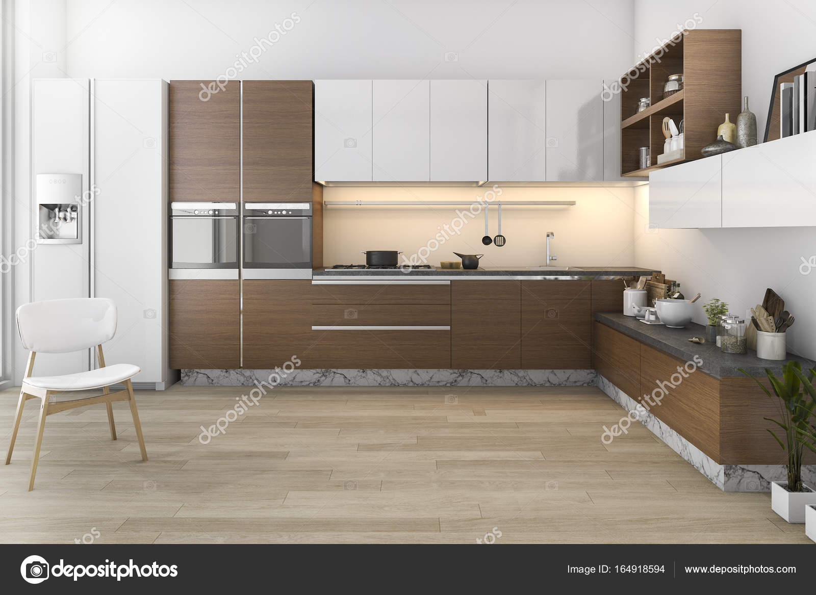 legno di rendering 3D loft cucina con bar e zona living — Foto Stock ... legno di rendering 3D loft cucina con bar e zona living — Foto Stock ...