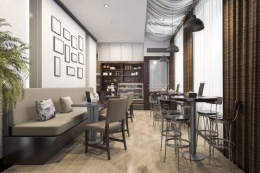 3 boyutlu çatı katı ve lüks otel resepsiyonu ve kafe restoranı.