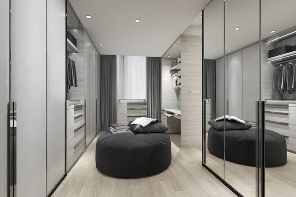 3d rendering black cushion in scandinavian walk in closet with mirror on wardrobe and clothes — Stock Photo, Image