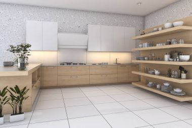 3D render ahşap çatı ile mutfak bar ve oturma bölgesi