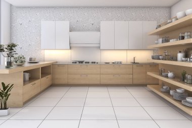 3D render ahşap çatı ile mutfak bar ve oturma bölgesi