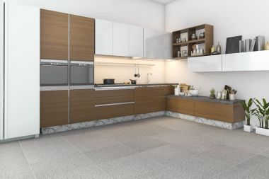 3D render ahşap çatı ile mutfak bar ve oturma bölgesi