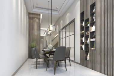3D render modern güzel ahşap restoran ve bölge raf dekor yakınındaki yemek