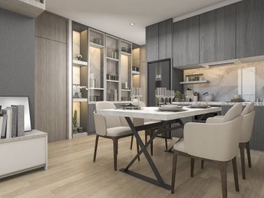 3D render beyaz modern ve lüks tasarım mutfak yemek masası ve raf ile