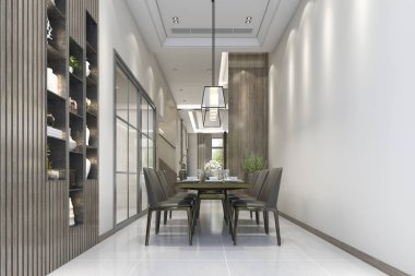 3D render modern güzel ahşap restoran ve bölge raf dekor yakınındaki yemek