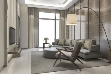 3D render lüks ve modern oturma odası ile deri kanepe