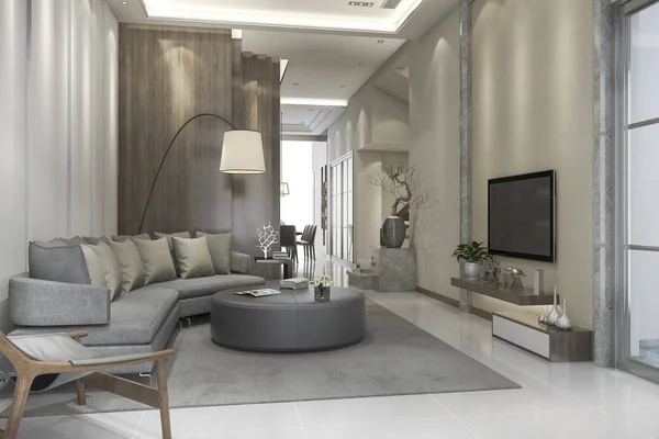 3d renderização de luxo e moderna sala de estar com sofá de couro — Fotografia de Stock