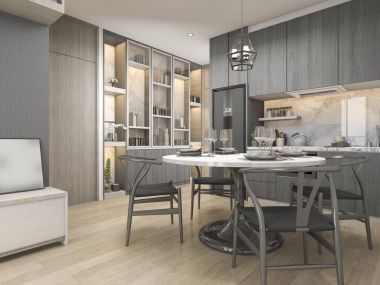 yuvarlak yemek masası ve raf 3D işleme beyaz modern ve lüks tasarım mutfak ile