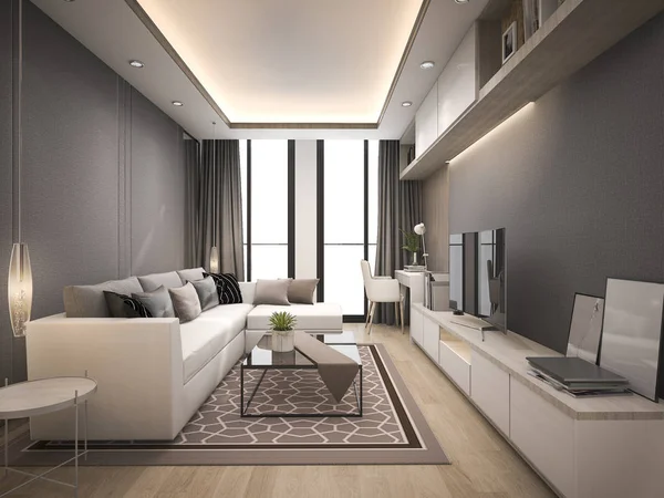 3D vykreslování luxusní a moderní obývací pokoj s dobrým designem kožená pohovka — Stock fotografie