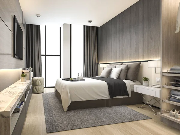 3D rendering luxury σύγχρονη κρεβατοκάμαρα σουίτα σε ξενοδοχείο με ντουλάπα και βεστιάριο — Φωτογραφία Αρχείου