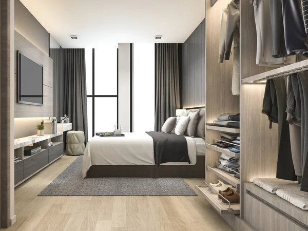 3d renderização luxo suíte quarto moderno no hotel com roupeiro e andar no armário — Fotografia de Stock
