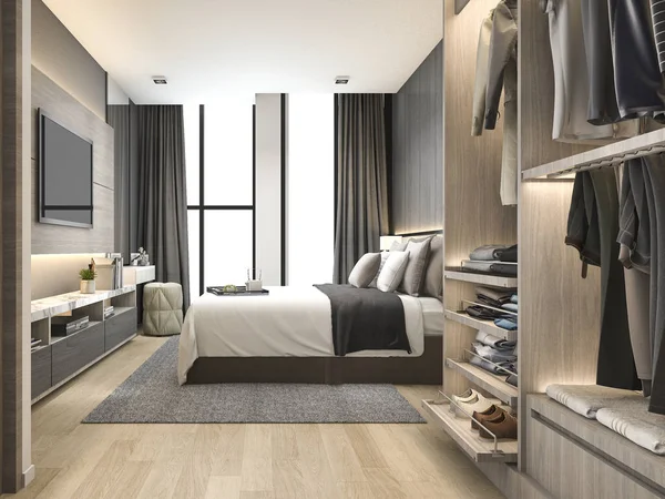 3d rendant luxe chambre à coucher moderne suite dans l'hôtel avec armoire et dressing — Photo