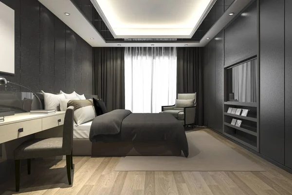 3D rendering μαύρο σύγχρονη κρεβατοκάμαρα σουίτα σε ξενοδοχείο και θέρετρο — Φωτογραφία Αρχείου