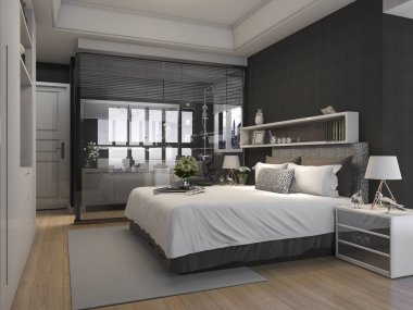 3D render lüks suite otel yatak odası cam banyo kör ile yakın