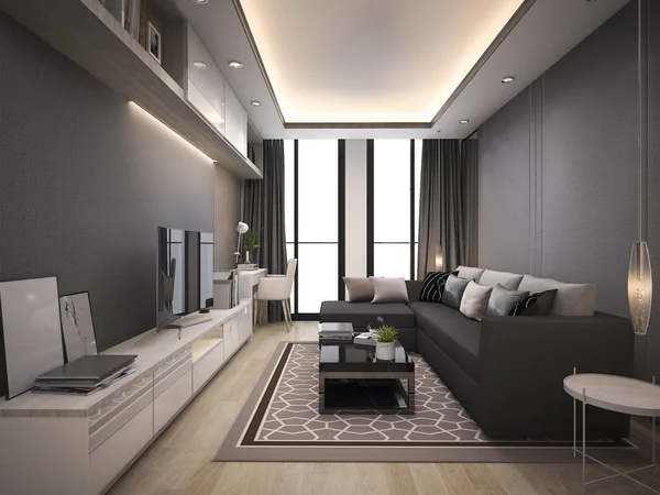 3d renderizado de lujo y sala de estar moderna con buen diseño sofá de cuero —  Fotos de Stock