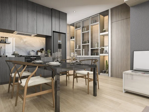 3D-Rendering weiß moderne und luxuriöse Design-Küche mit rundem Esstisch und Regal — Stockfoto
