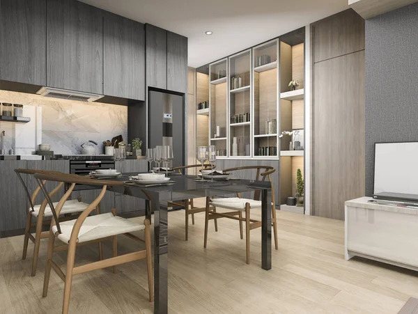 3d renderizado blanco moderno y de lujo cocina de diseño con mesa de comedor redonda y estante — Foto de Stock