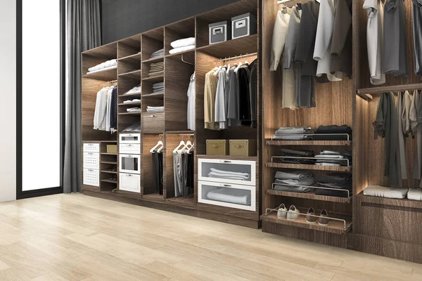 3d rendering minimal scandinavian walk in closet with wood wardrobe — Stock Photo, Image