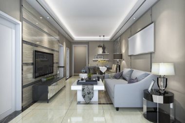 3D render lüks ve modern oturma odası kanepe ve yemek masası ile