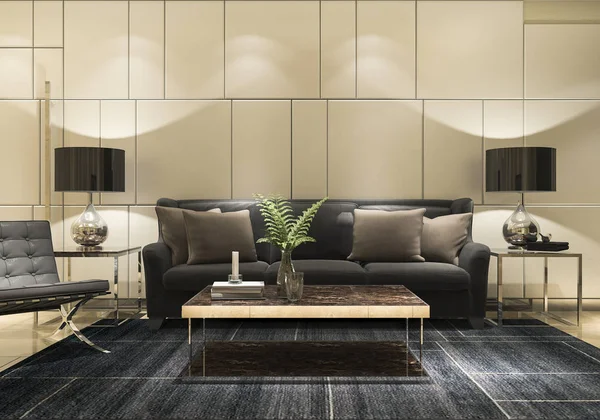 3d rendering di lusso e soggiorno moderno con parete dorata e riflettono piastrelle — Foto Stock