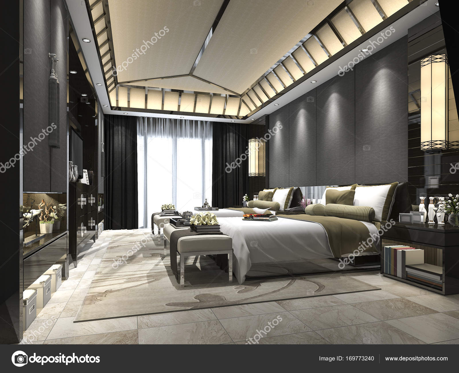 Suite di camera da letto tropicale 3d rendering lusso in hotel ... Camera da letto lusso