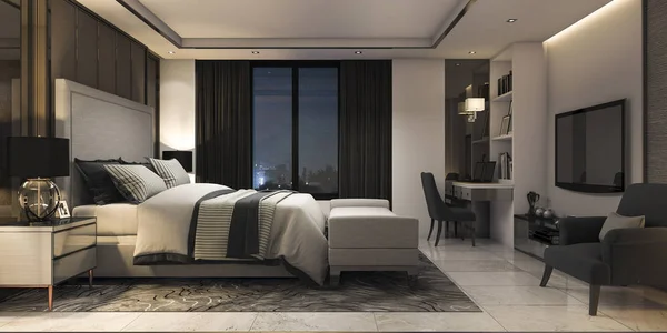 3d rendendo moderna suite di lusso camera da letto in hotel con arredamento — Foto Stock