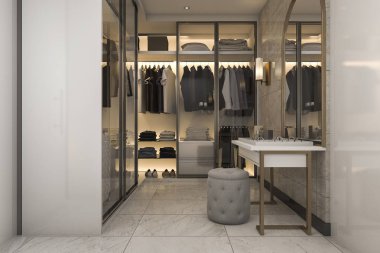 Dolapta altın dekor ile 3D render makyaj ve tuvalet Masası arasında yürümek
