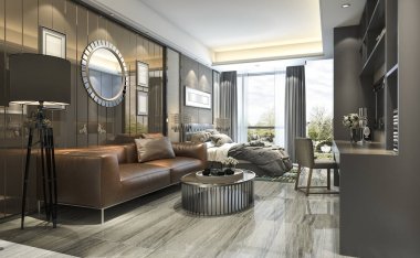3D render lüks tasarım oturma odası ve yatak odası modern binada
